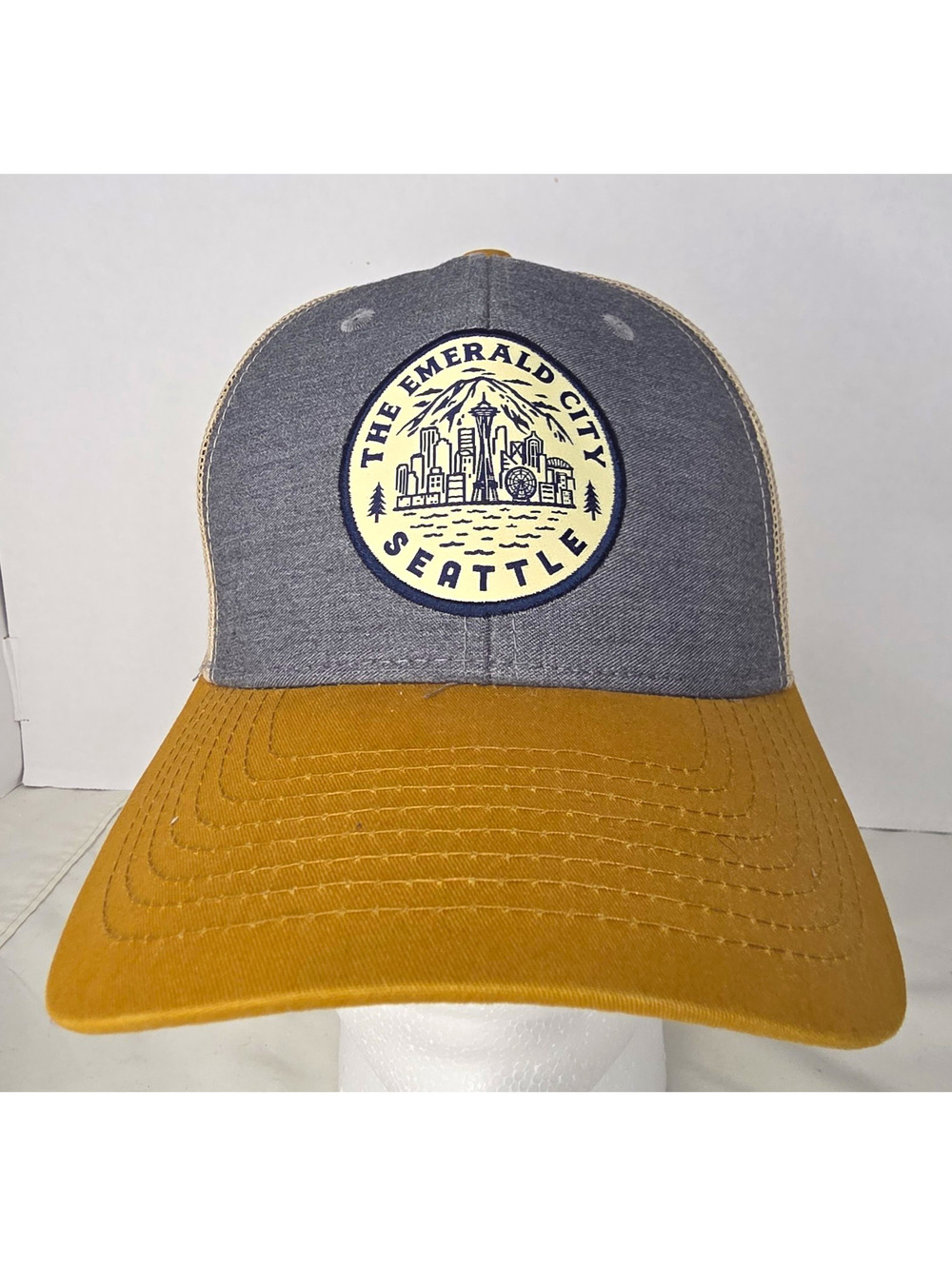 Wear U Been Seattle Emerald City Trucker Hat Gray Mustard Mesh Snapback Cap